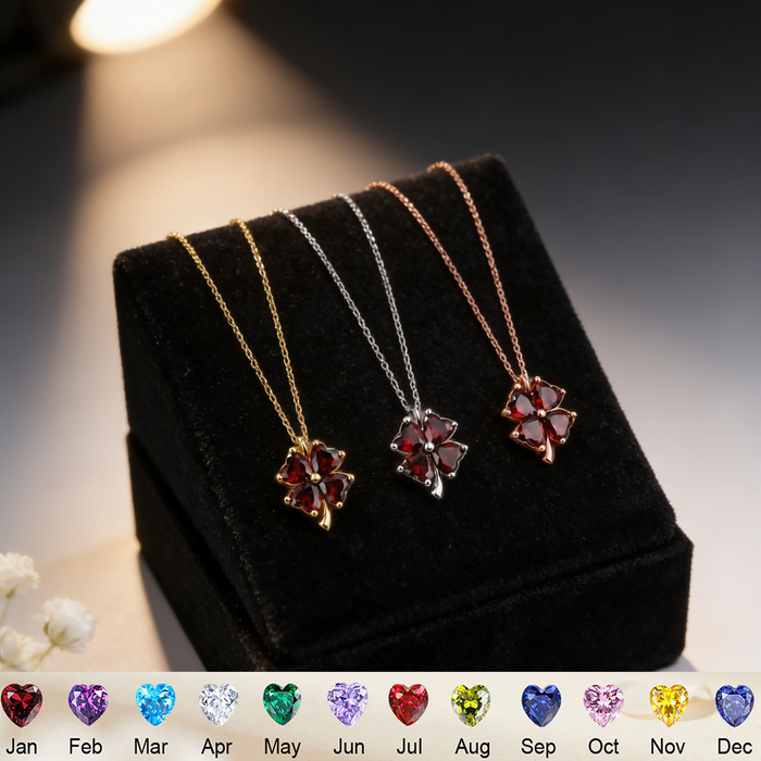 Personalized Lucky Four Leaf Clover Necklace With Heart Birthstone | Mother's Day Gift For Mom