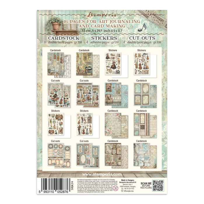 Stamperia - Junk Journal Backgrounds + Stickers + Cut Outs - Symphony. Available at Embellish Away located in Bowmanville Ontario Canada.