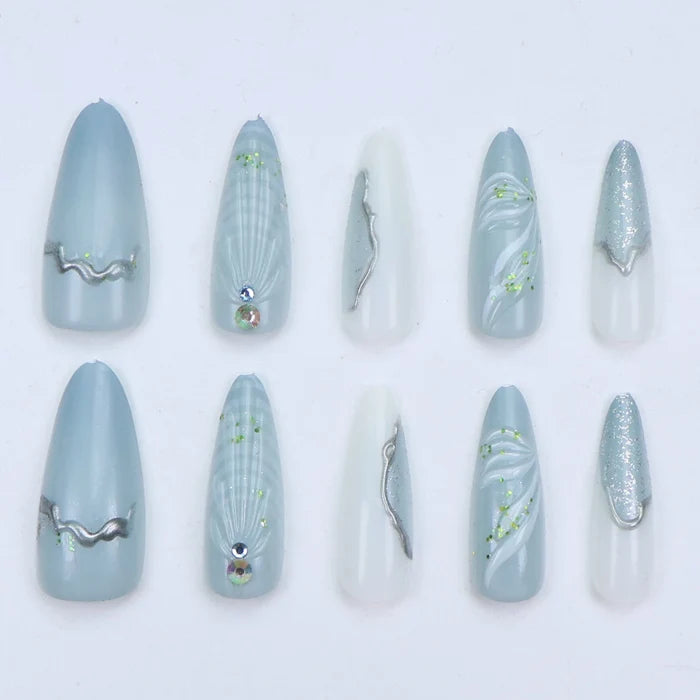 10PCS Pressing Nail Almond Shell Ocean 3d Flash Full Coverage Fake Nail Acrylic Nail Suitable For Women