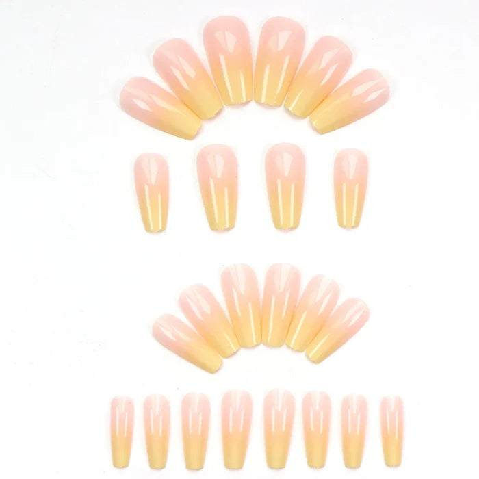 24PCS Long Press Nail Coffin Fake Nail Bright Yellow Gradient Acrylic Nail Press Artificial Fake Nail