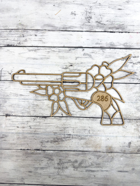 BULK Style 286 Pistol and Flowers Laser Cut Outline Frame Blank