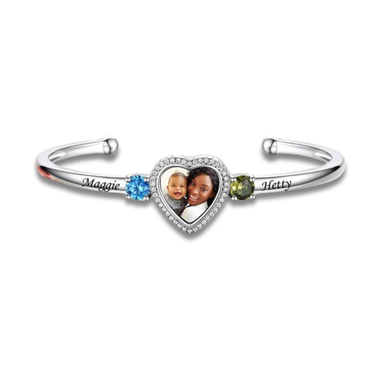 Custom Birthstone Bracelet With Name Photo Engraved Mother's Day Gift