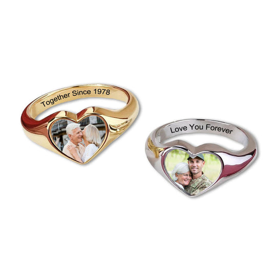 Custom Heart Shaped Photo Engraved Text Personalized Ring, Gift For Couple, Mom/Grandma,Mother'Day Gift