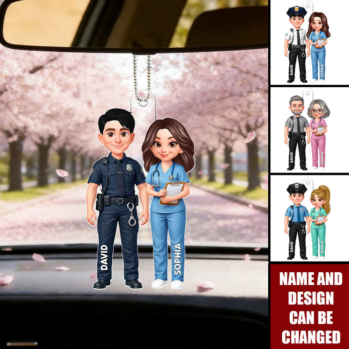 Customized Double-Sided Acrylic Car Ornament With Names & Icons - Valentine's Day Gift Anniversary Keepsake For Police & Nurse Couple