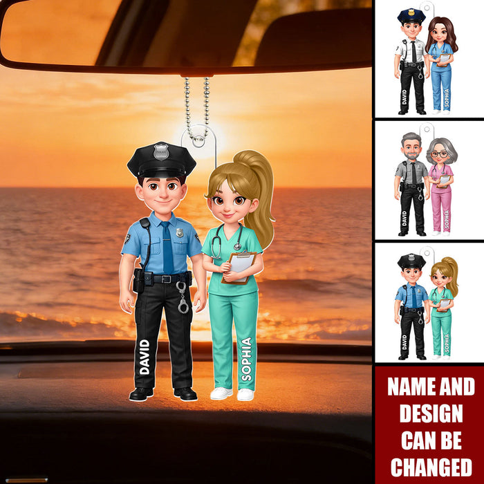 Customized Double-Sided Acrylic Car Ornament With Names & Icons - Valentine's Day Gift Anniversary Keepsake For Police & Nurse Couple