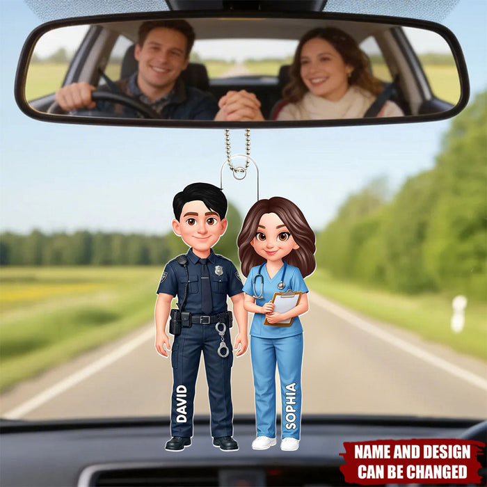 Customized Double-Sided Acrylic Car Ornament With Names & Icons - Valentine's Day Gift Anniversary Keepsake For Police & Nurse Couple