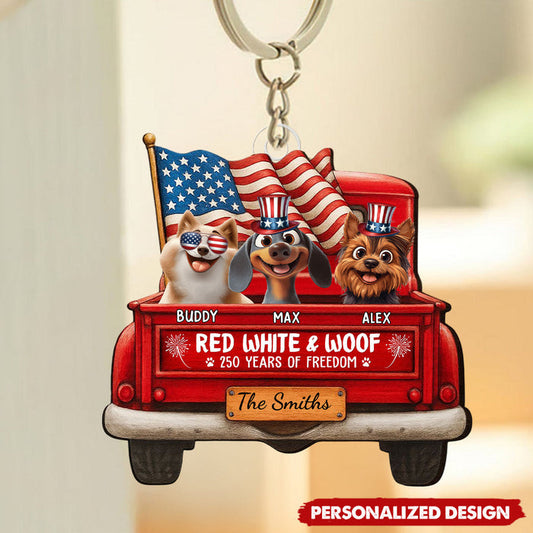 Customized Vintage Truck "250 Years Of Freedom" USA Keyring With Dog Breeds & Names - Unique Independence Day 2026 Keepsake For Dog Lovers