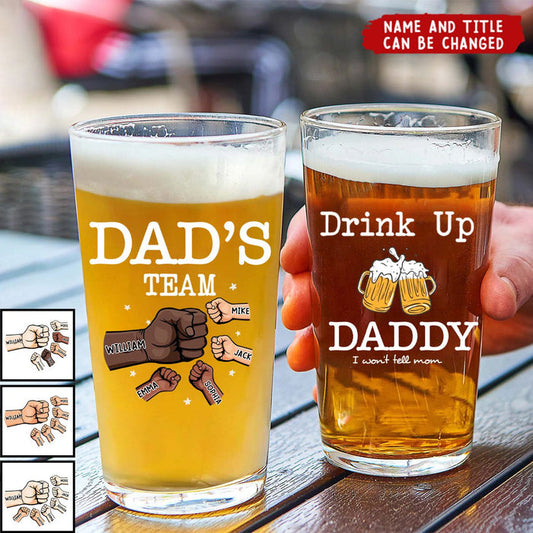 Dad's Personalized Beer Glass -"Drink Up Dad, We Won't Tell Mom", Customized Name & Title | Father's Day, Birthday, Christmas For Dad For Grandpa