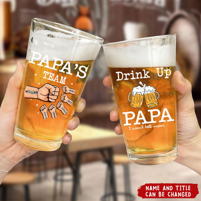 Dad's Personalized Beer Glass -"Drink Up Dad, We Won't Tell Mom", Customized Name & Title | Father's Day, Birthday, Christmas For Dad For Grandpa