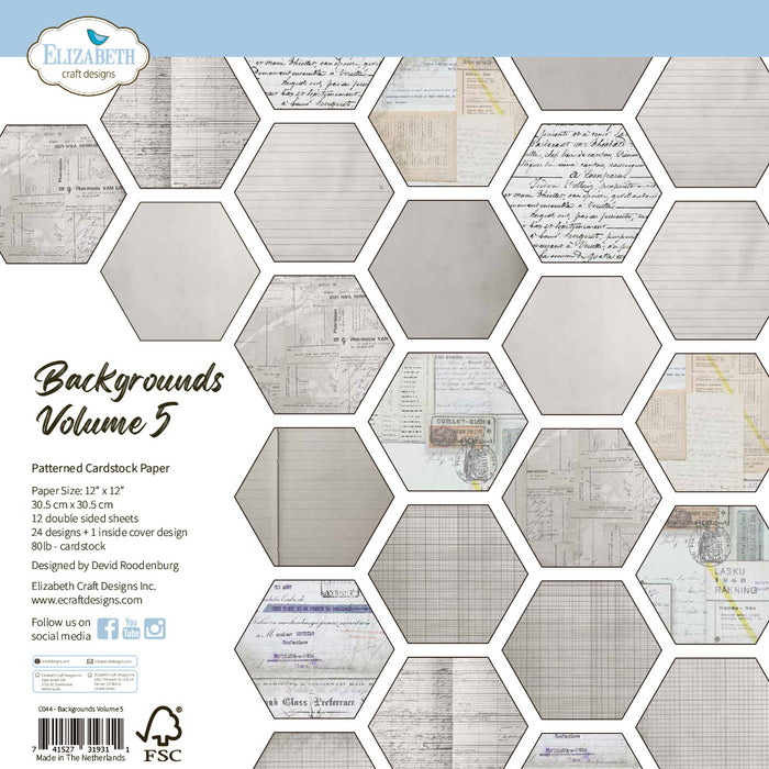 Elizabeth Craft - 12X12 Printed Cardstock Pack - Backgrounds Volume 5. Available at Embellish Away located in Bowmanville Ontario Canada.