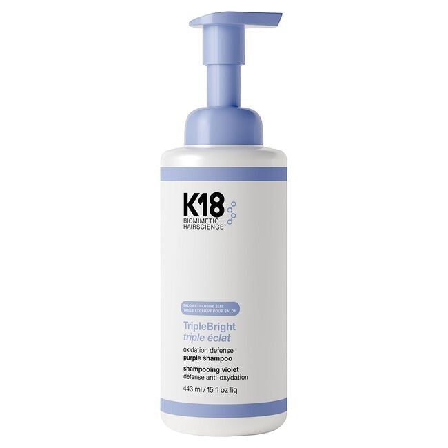 Hair Care Canada K18 TripleBright purple shampoo bottle for neutralizing brassy tones in blonde and silver hair.