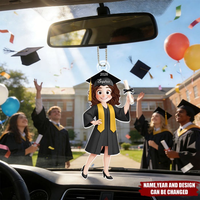 Personalized 2026 Graduation Chibi Style Acrylic Car Ornament With Cartoon Icon & Name & Year - Creative Graduation Gift For Him Or Her