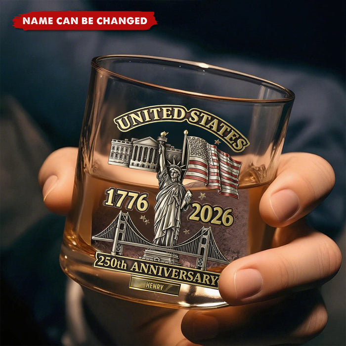 Personalized 250th Anniversary Patriotic Whiskey Glass With Name & 1776-2026 Design - Independence Day Father's Day Gift For Grandpa Dad