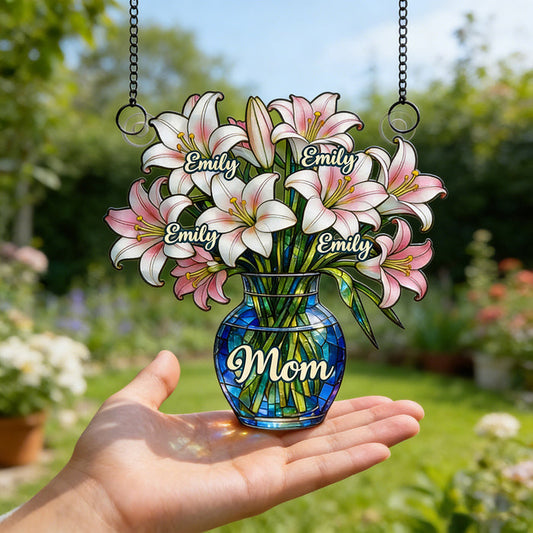 Personalized Birth Flower Window Suncatcher With Family Names & Floral Art - Mother's Day Gift For Mom