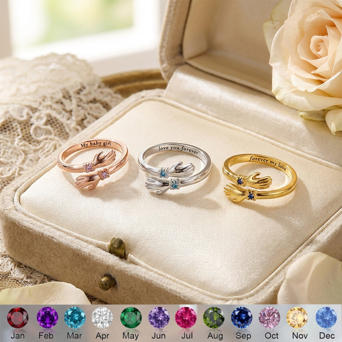 Personalized Birthstone Hug Ring With Text | Birthday Anniversary Valentine's Day Gift For Her