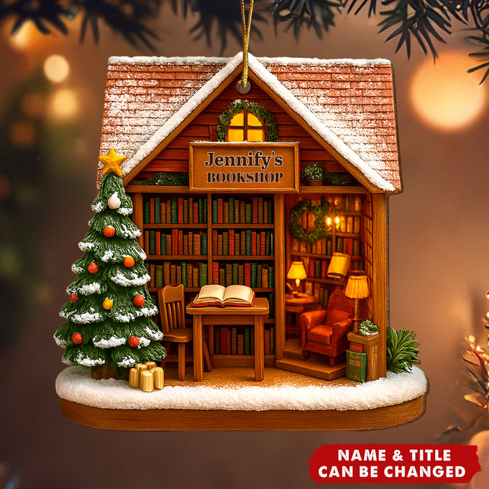 Personalized "Bookshop Story" Wood Ornament With Name & Title Surrounded By Books And Festivals For Book Lovers