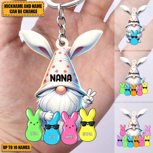 Personalized Bunny Ears Gnome Acrylic Keychain With Kids Names & Little Bunnies - Creative Easter Surprise Gift For Nana & Grandma