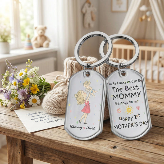 Personalized Cute Illustration Mom And Baby Sentimental Double-Sided Keychain With Mommy & Baby Names - First Mother's Day Gift For Mom