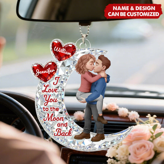 Personalized Diamond-Shine Moon 3D Effect Acrylic Ornament With Names & Kissing Couple - Romantic Anniversary Valentine's Day Gift For Couples