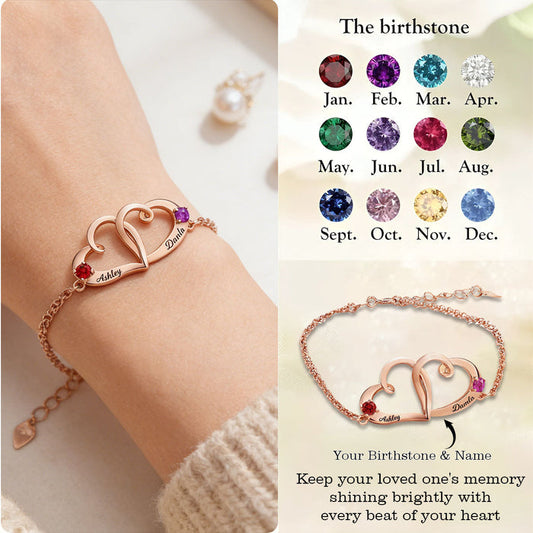 Personalized Double Heart Birthstone Bracelet With Names | Romantic "Two Hearts One Soul" Anniversary Valentine's Day Gift For Girlfriend Wife