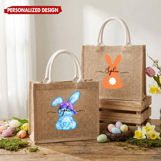 Personalized Easter Bunny Jute Tote Bag With Name - Perfect for Kids Egg Hunts & Spring Celebrations