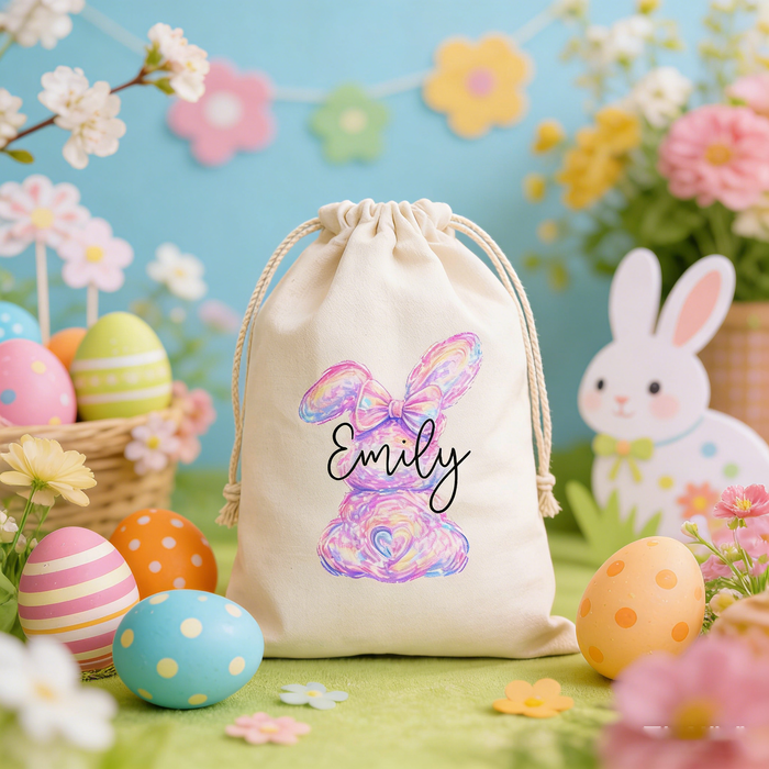 Personalized Easter Favor Bag With Name & Bunny Design | Spring Party Durable Drawstring Egg Hunt Pouch Gift For Kids