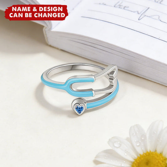 Personalized Enamel Stethoscope Heart Birthstone Ring With Bespoke Heart Birthstone - Creative Nurses Week Gift For Medical Professionals