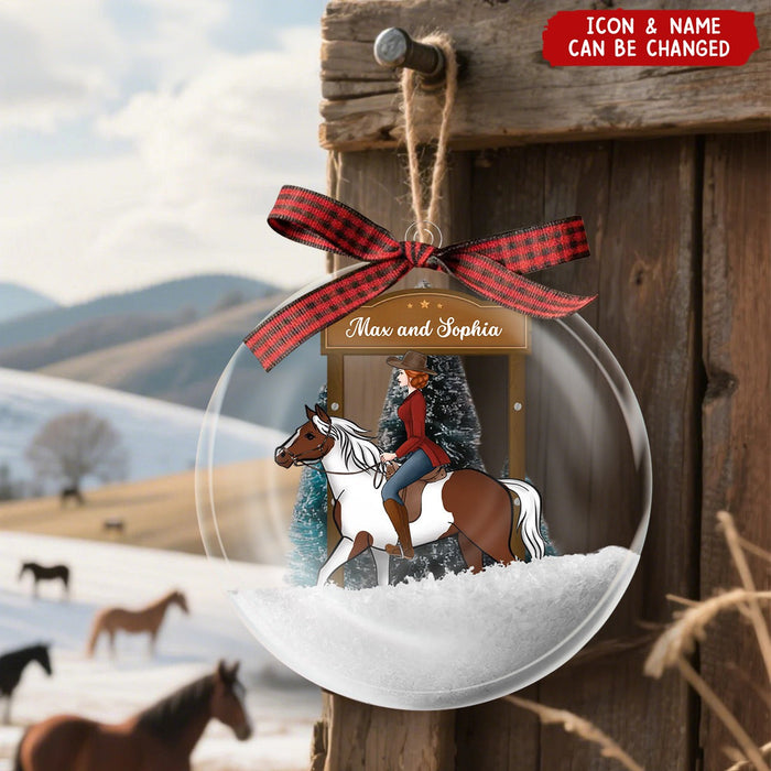 Personalized Girl Riding Horse In Snow Globe Ornament With Icon & Name Best Christmas Gift For Rider Horse Lover