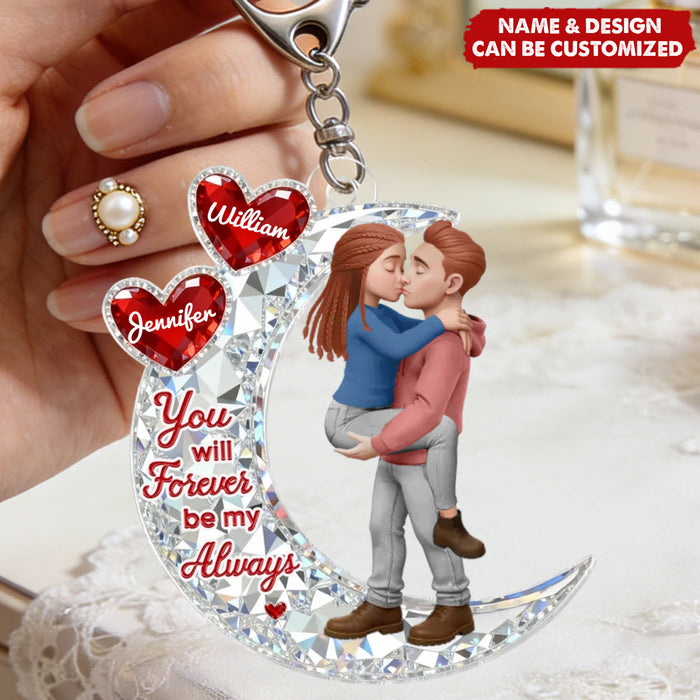 Personalized Glittery Moon & Heart Kissing Couple Keychain With Name & Icons - Valentine's Day Gift Relationship Keepsake For Him Her