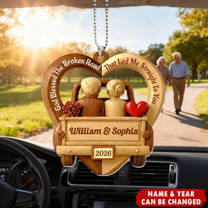 Personalized God Blessed The Broken Road Car Ornament With Quote & Names & Year | Unique Anniversary Valentine's Day Gift For Couples & Soulmates