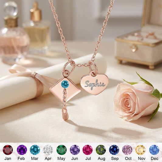Personalized Graduation Cap Necklace With Name & Birthstone | Graduation Jewelry For Family Friend