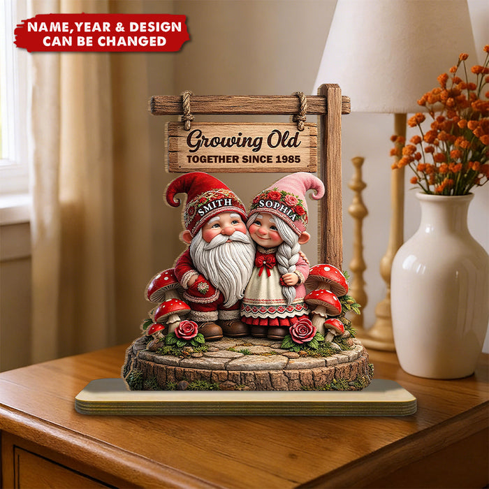 Personalized Growing Old Together Couple Wooden Plaque With Names & Year & Icons - Sweet Anniversary Gift Table Decor For Grandparents