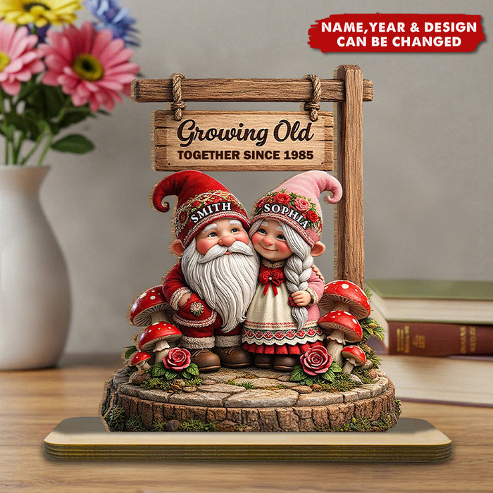 Personalized Growing Old Together Couple Wooden Plaque With Names & Year & Icons - Sweet Anniversary Gift Table Decor For Grandparents
