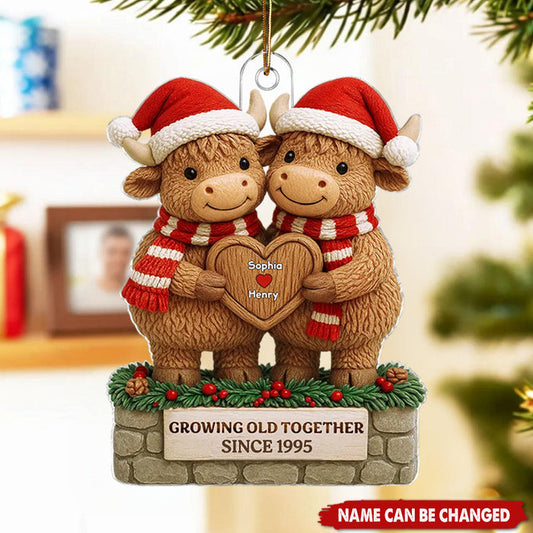 Personalized Highland Cow Couple Christmas Ornament With Names & Year | Growing Old Together Anniversary Gift | Christmas Gift For Couple