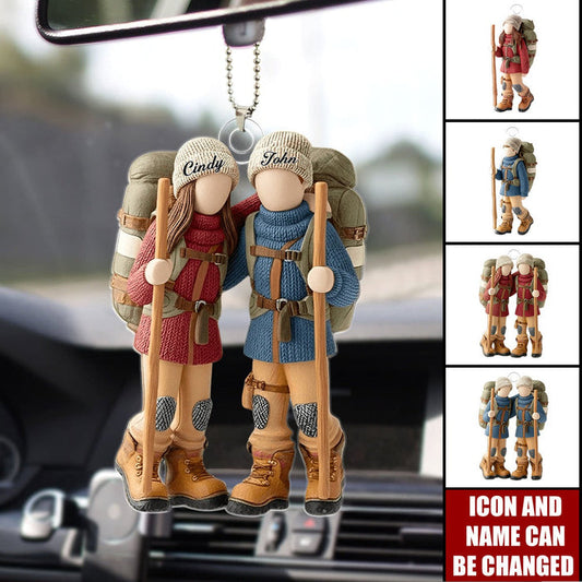 Personalized Hiking Partners Acrylic Car Ornament With Names & Icons - Valentine's Day Keepsake Anniversary Gift For Couple & Partners