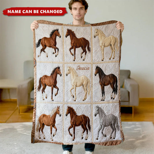 Personalized Horse Lover Fleece Blanket With Name | Nine-Square Grid Pattern | Cozy Birthday Xmas Gift For Rider Horse Owner