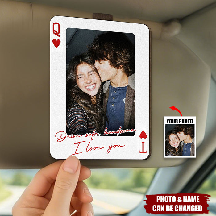 Personalized King & Queen Poker Style Car Visor Clip With Photo & Initials - Anniversary Gift Valentine's Day Surprise For Couples