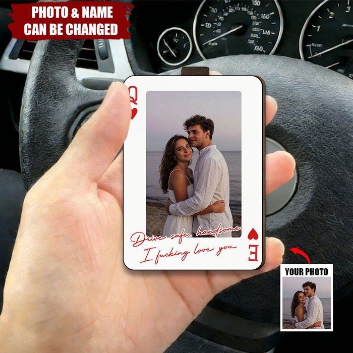 Personalized King & Queen Poker Style Car Visor Clip With Photo & Initials - Anniversary Gift Valentine's Day Surprise For Couples