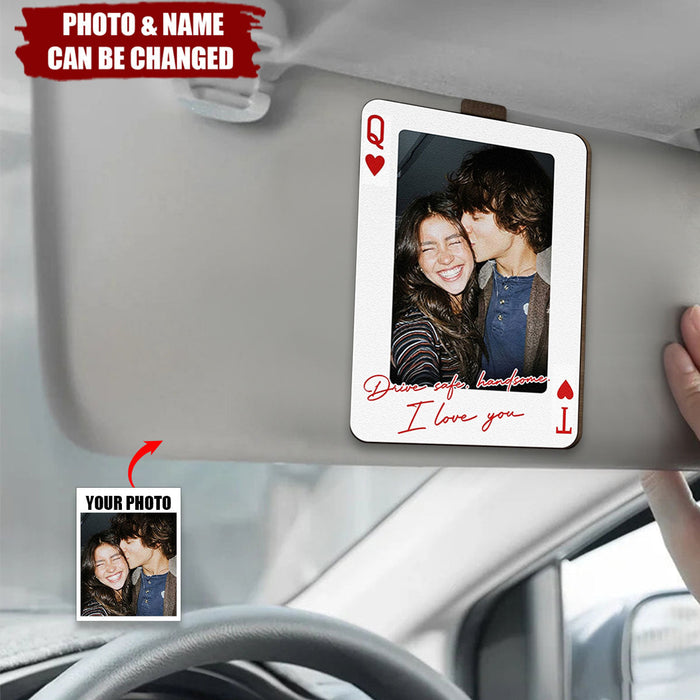 Personalized King & Queen Poker Style Car Visor Clip With Photo & Initials - Anniversary Gift Valentine's Day Surprise For Couples