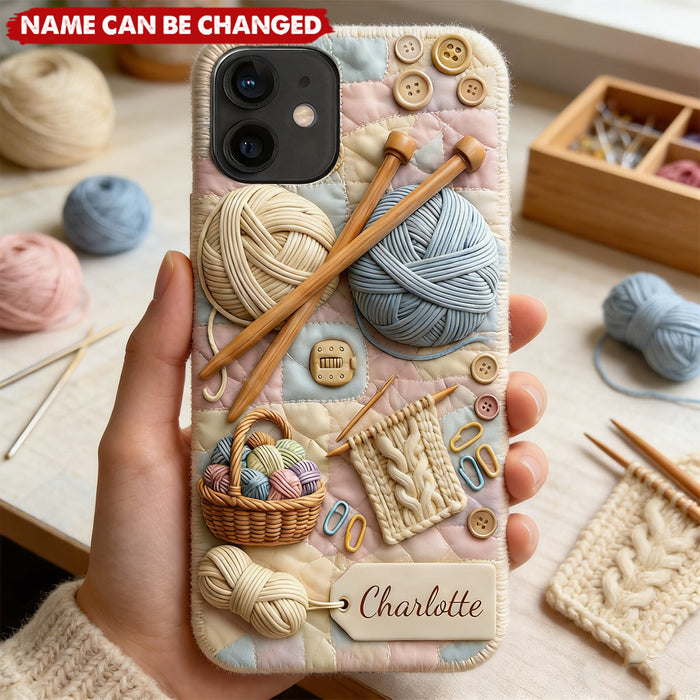 Personalized Knitting & Crochet Pattern Sewing Phone Case With Name & Yarn Ball Design - Creative Mother's Day Gift For Grandma Mom