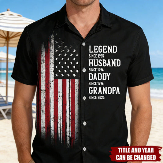 Personalized Legendary Milestone Hawaiian Shirt With Bespoke Identity Timeline & Distressed US Flag - Father's Day Gift For Grandpa & Dad
