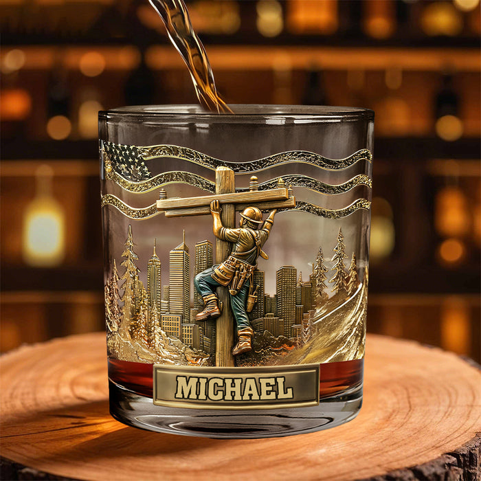 Personalized Lineman Whiskey Glass With Name Ideal Gift For Dad Husband Electrician Hard Worker