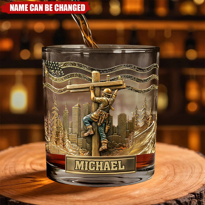 Personalized Lineman Whiskey Glass With Name Ideal Gift For Dad Husband Electrician Hard Worker