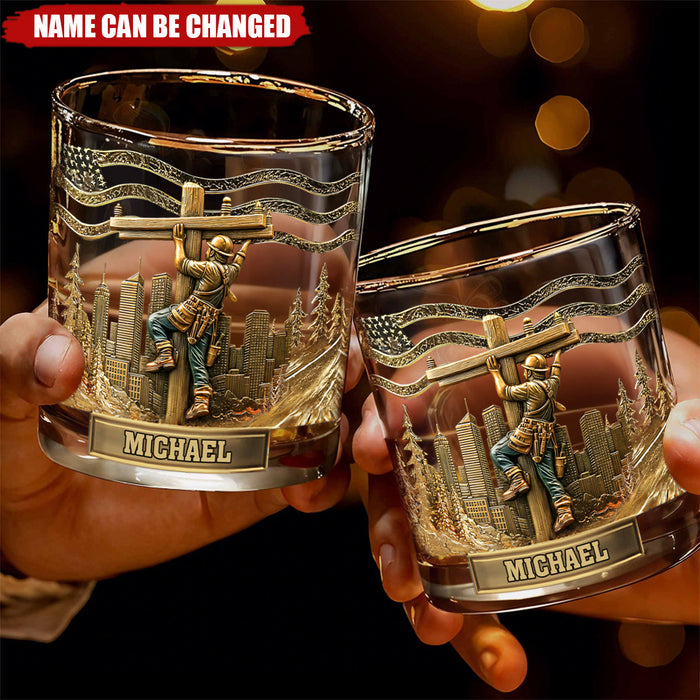 Personalized Lineman Whiskey Glass With Name Ideal Gift For Dad Husband Electrician Hard Worker