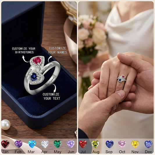 Personalized Love You Forever Duo Birthstone Ring | Anniversary Jewelry Gift For Girlfriend