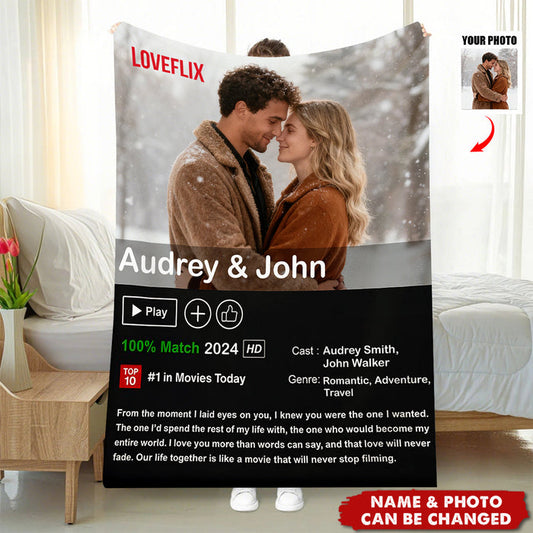 Personalized Loveflix Movie Poster Couple Blanket With Names & Year & Photo & Text | Romantic Anniversary Valentine's Day Gift For Couple