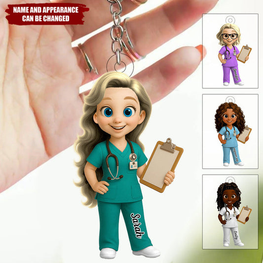 Personalized Nurse Cartoon Acrylic Keychain With Icon & Name - Creative Gift For Nurses