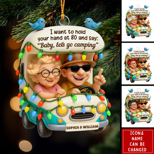 Personalized Old Couple Ornament With Names & Icons | Baby Let's Go Camping Quote | Cute Xmas Gift For Grandparents & Travel Couple Lovers