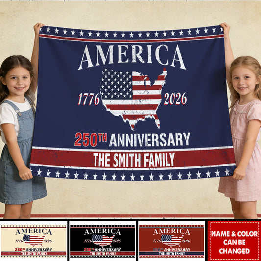 Personalized Patriotic America 250th Anniversary House Flag With Family Name & Color- Vintage Patriotic Gift For Families