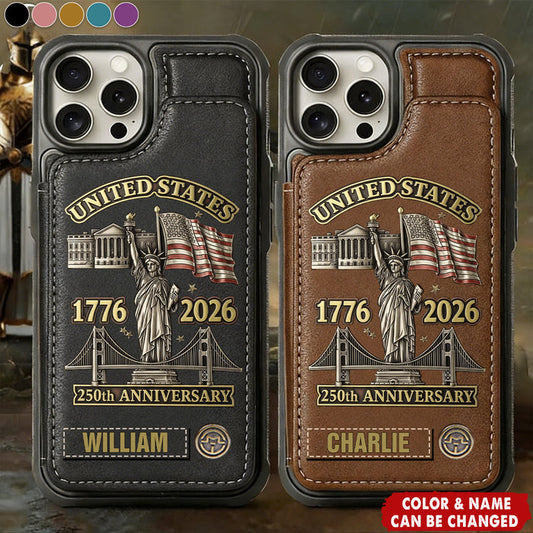 Personalized Patriotic USA 250th Anniversary Leather Wallet Phone Case With Name & Color - Unique 2026 Independence Day Gift For Patriotic Men & Women